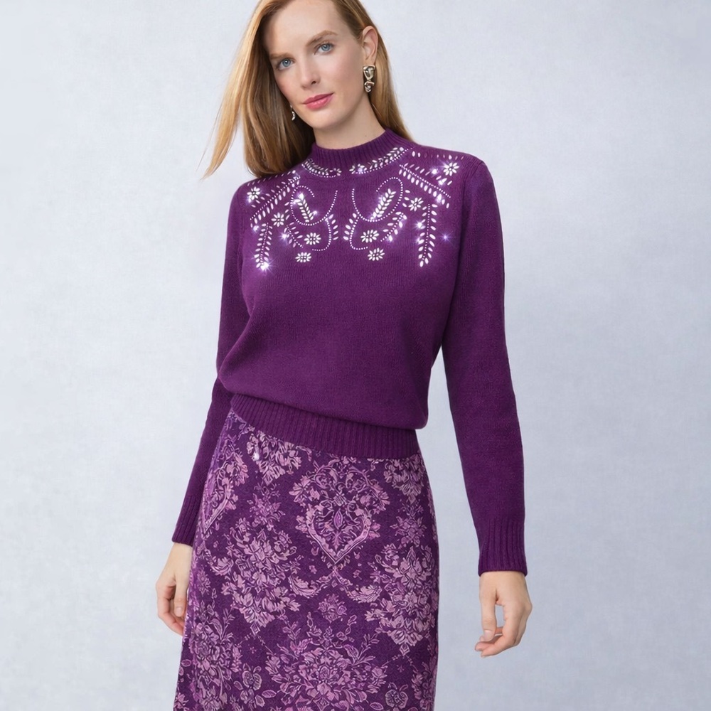 🌟 Questions Rhinestone Mock Neck Sweater Purple Embellished Knit Top Size Small